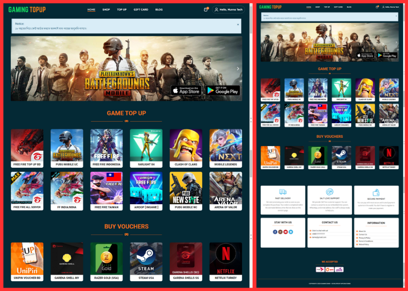(Demo-3) FreeFire, PUBG, Games TopUp, Voucher, Gift Card Selling Website Code (Backup File)